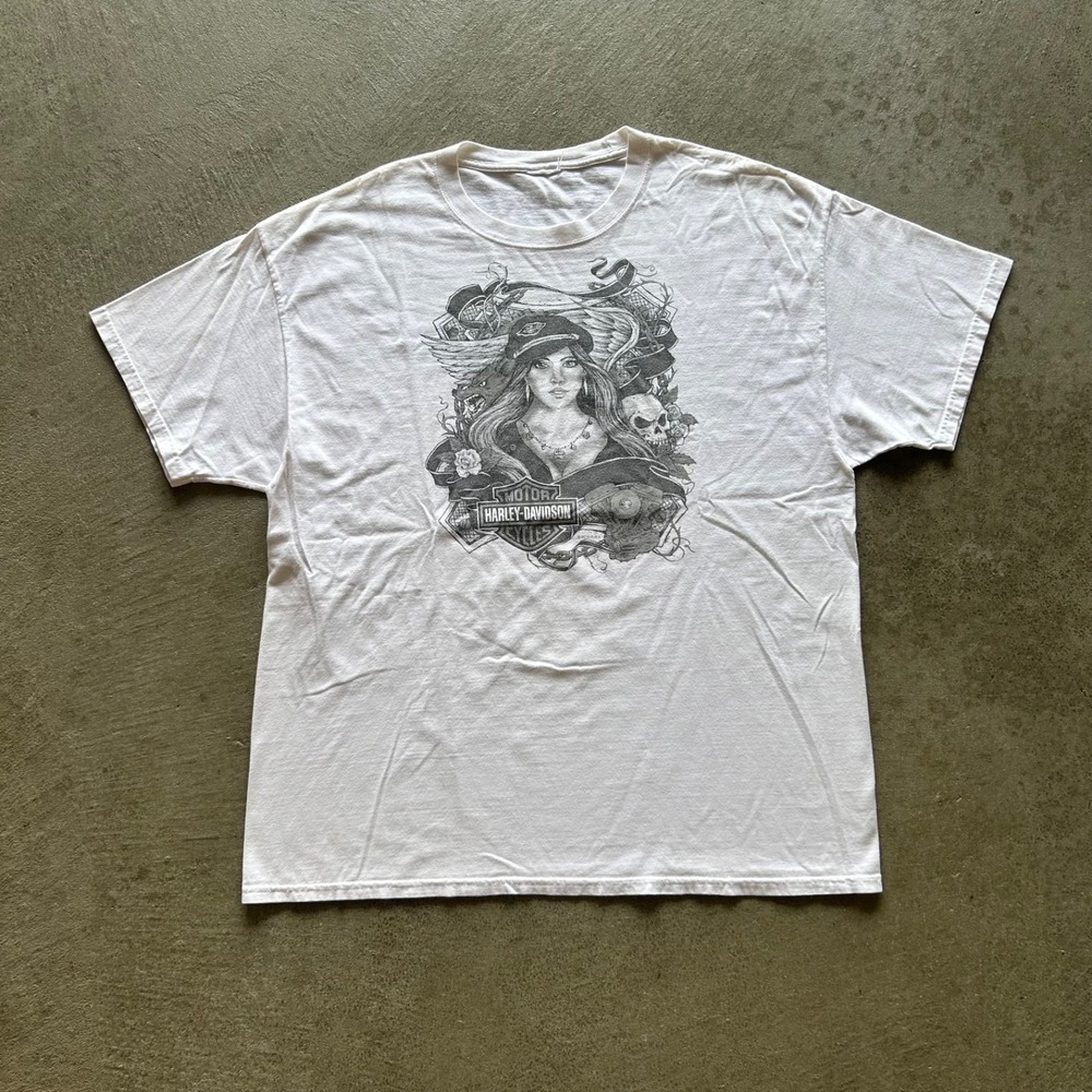 Vintage Harley Davidson Shirt Size XL White Emerald Coast Florida Pin Up Girl